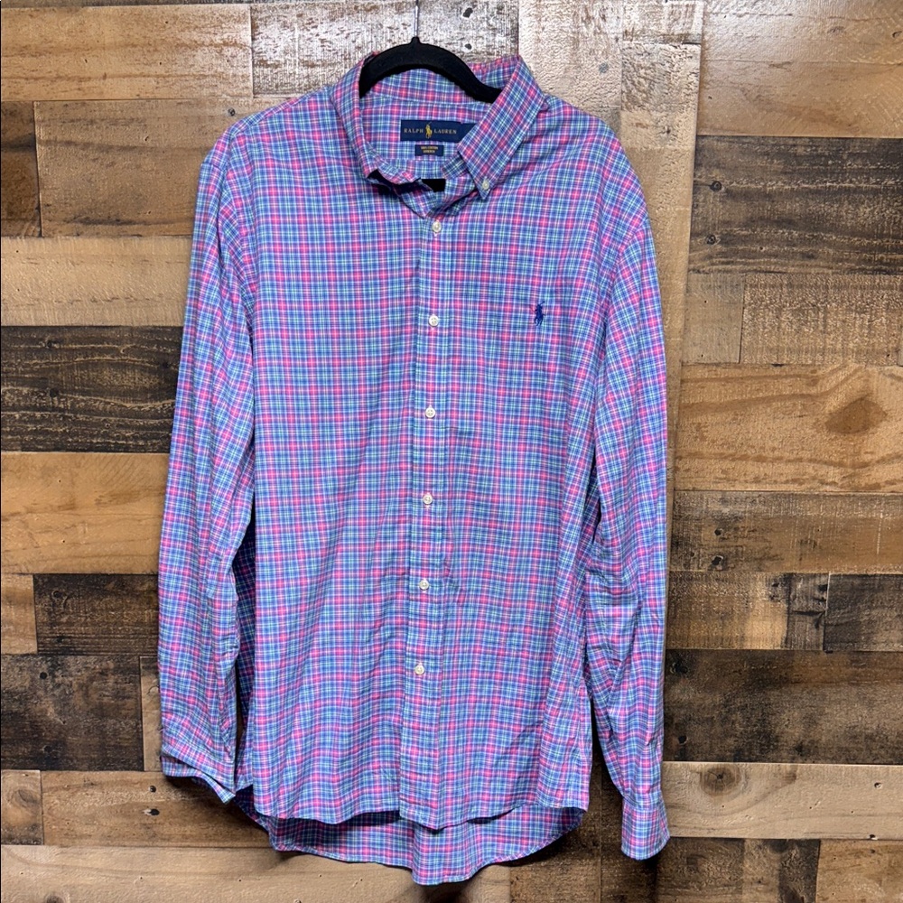 Ralph Lauren Pink & Blue Vibrant Plaid Long Sleeve Button Down Shirt Mens Sz XL